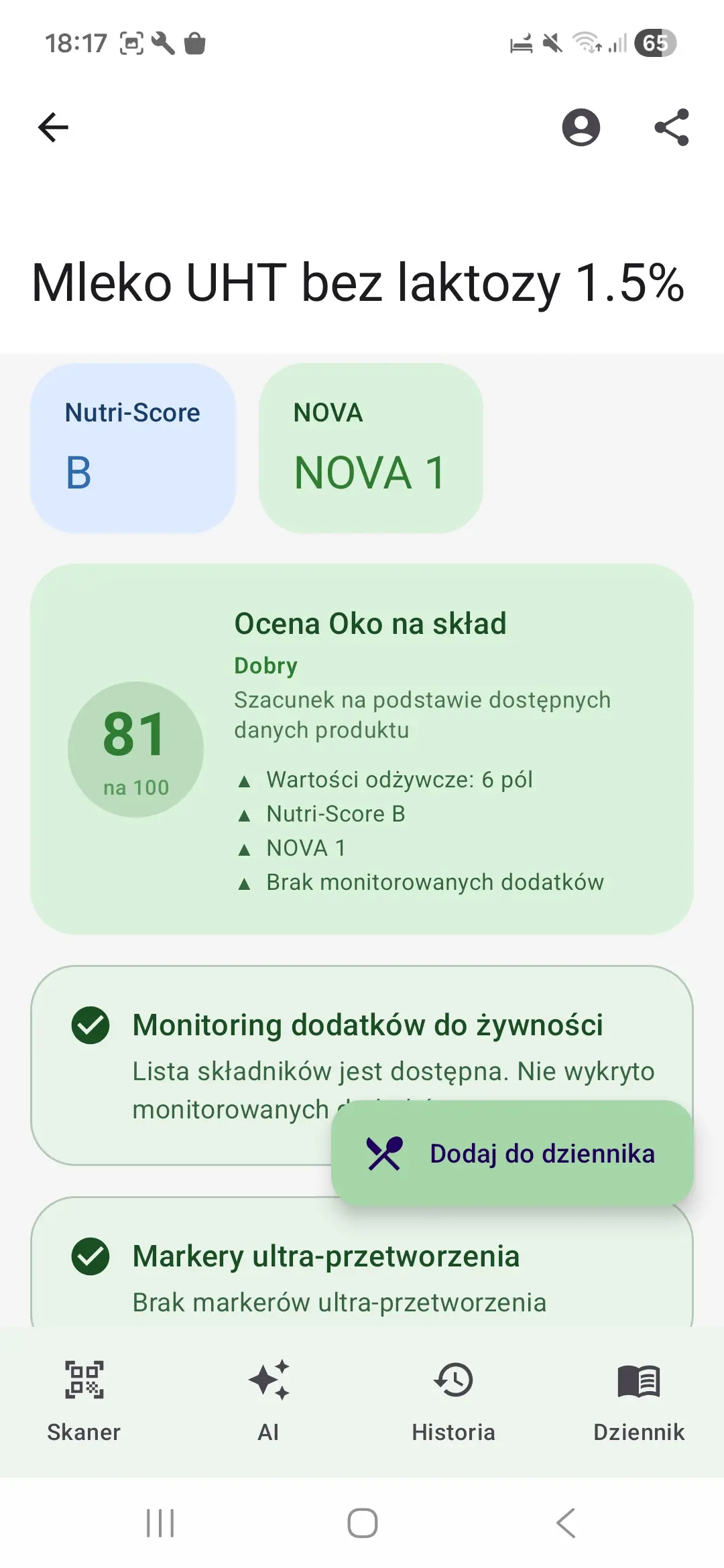 Widok oceny produktu i markerów ultra-przetworzenia w aplikacji