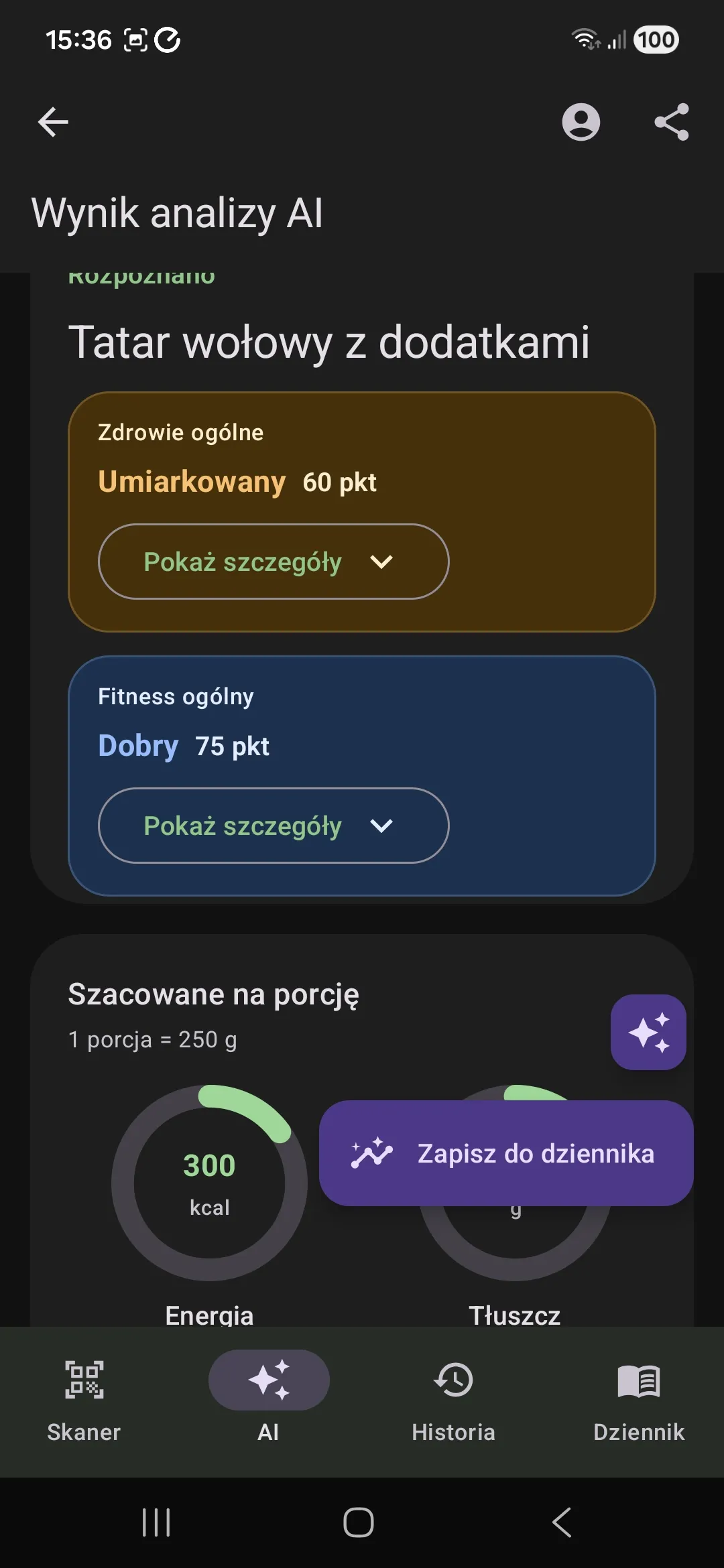 Wynik analizy posiłku ze zdjęcia w aplikacji